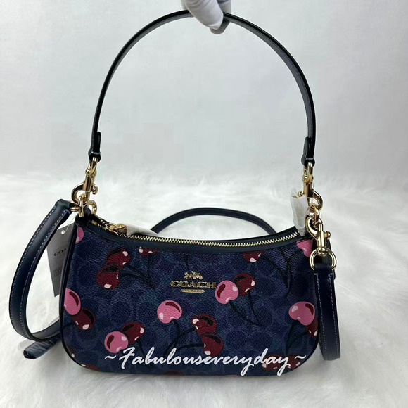 Coach Teri Shoulder/Crossbody Bag Signature Canvas W/ Cherry Print CY694 Denim - Picture 1 of 9